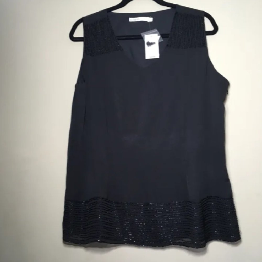 Black Beaded Trim Sleeveless Blouse - Large